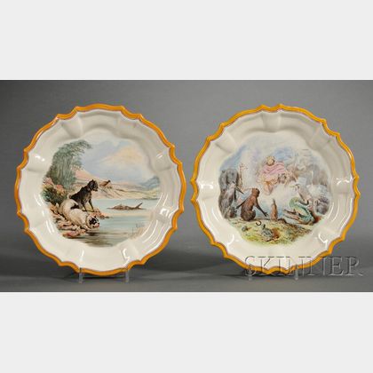 Two Wedgwood Hand-painted Queen's Ware Spanish-shaped Plates