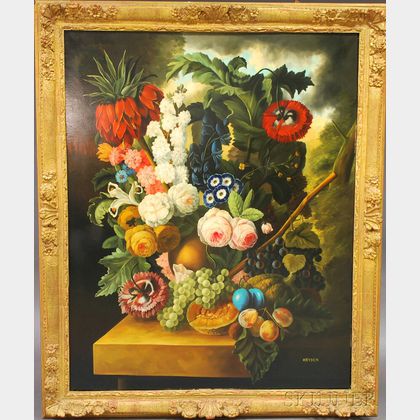 Dutch School, 17th Century Style Still Life with Fruit and Flowers.