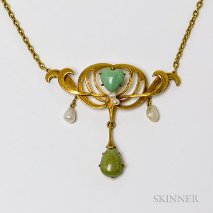 Art Nouveau-style 14kt Gold, Pearl, and Hardstone Festoon Necklace