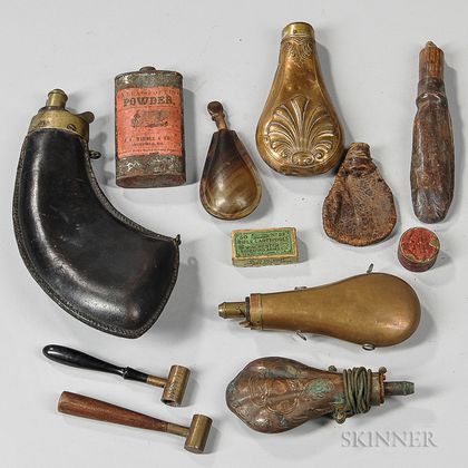 Group of Powder Flasks, Shot Measure, and Related Items