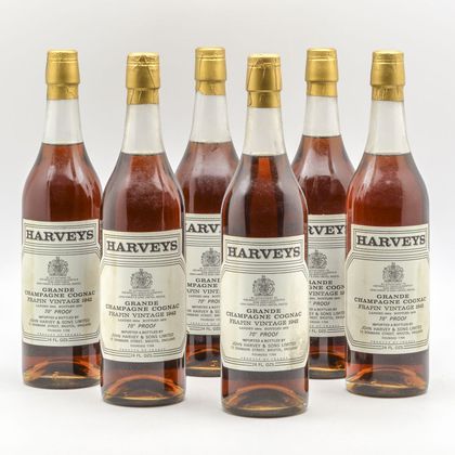 Harveys Frapin Grand Champagne Cognac 1942, 6 24oz bottles 