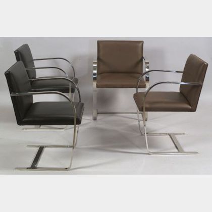 Two Pairs of Mies van der Rohe Leather Upholstered Bent Steel Armchairs.