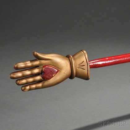 International Order of Odd Fellows Carved, Gilt, and Painted Heart and Hand Staff