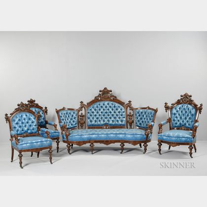 American Upholstered Carved Walnut Seating Suite