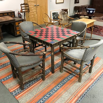Set of Four Upholstered Hickory Chairs and an Adirondack-style Cottage Games Table. Estimate $300-500