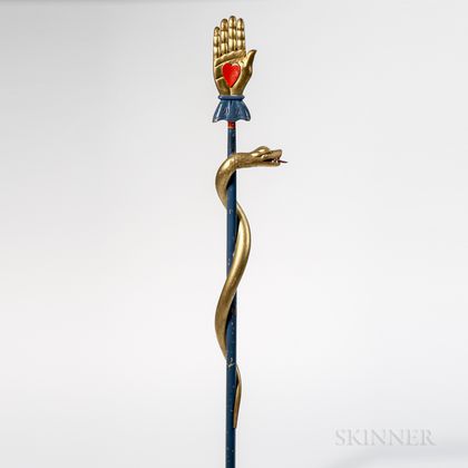 Blue- and Red-painted and Gilt Heart and Hand and Serpent Odd Fellows Warden's Staff with Stand