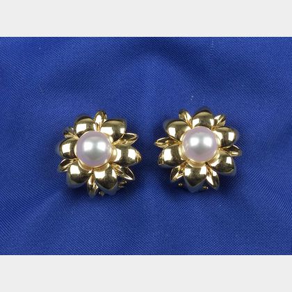 18kt Gold and Cultured Pearl Ear Clips