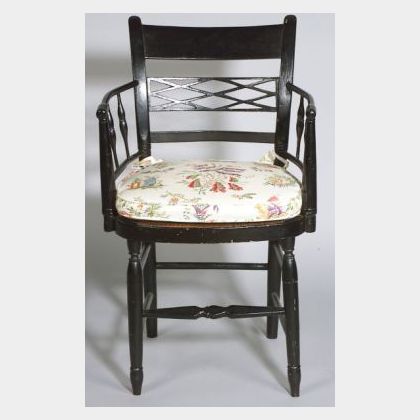 English Provincial Regency Black Painted Armchair with Rush Seat. 