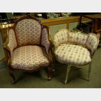 Louis XV Style Upholstered Carved and Painted Boudoir Chair and a Rococo-style Upholstered Carved Mahogany Fauteuil. 