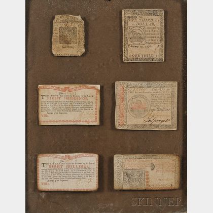 Six Framed Printed Paper Colonial Currency Notes