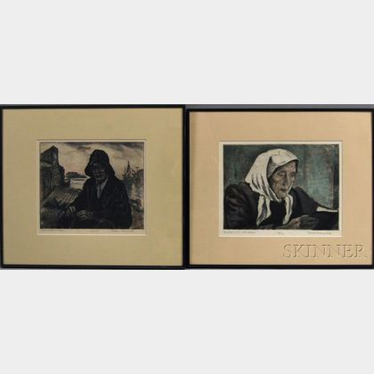 Joseph Margulies (American, 1896-1984) Two Hand-colored Aquatints: Always with Her Bible