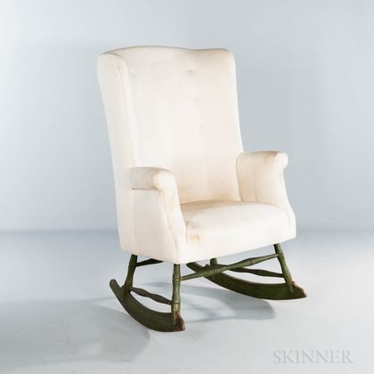 Green-painted Make-do Upholstered Windsor Rocking Easy Chair