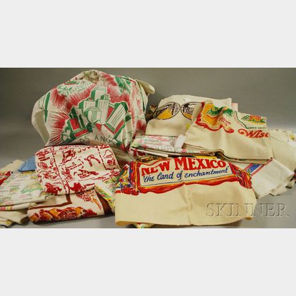 Approximately Forty-seven Vintage Printed Cotton Souvenir Tablecloths