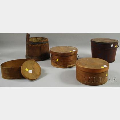 Two Painted Wooden Pails and Three Boxes