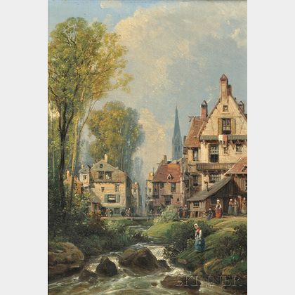 Charles Euphrasie Kuwasseg (French, 1838-1904) Town View Beside a Brook
