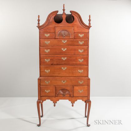 Cherry and Figured Maple Shell-carved Scroll-top High Chest