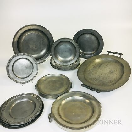 Fifteen Pewter Dishes and Three Hot Water Plates