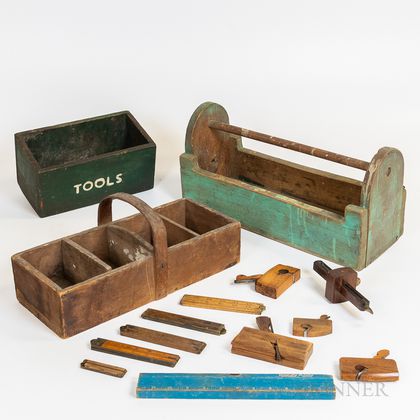 Three Painted Toolboxes and Assorted Wooden Tools