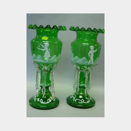 Pair of Bohemian Mary Gregory Style White Enamel Decorated Green Glass Lustres. 