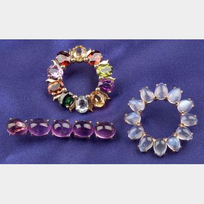 Two 14kt Gold and Gem-set Circle Brooches, Tiffany & Co, Sloan & Co.