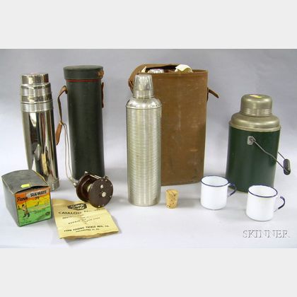 Four Vintage Thermos Containers and a Penn Sea Mate 79 Reel