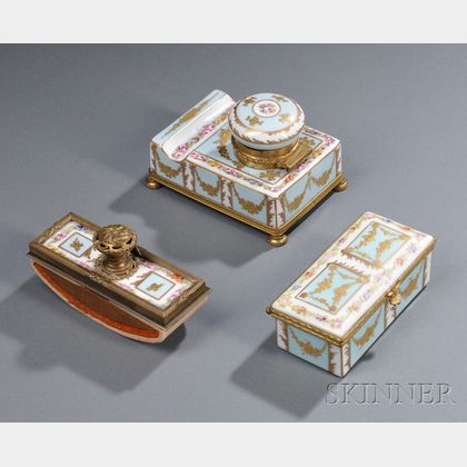 Three-piece Sevres-style Ormolu-mounted Porcelain Desk Set
