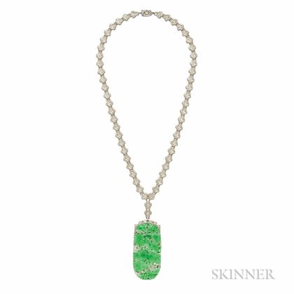 Art Deco Jade and Diamond Pendant Necklace, Wordley, Allsopp & Bliss