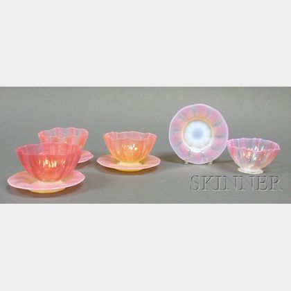 Four Opalescent Pink Art Glass Bowls and Undertrays