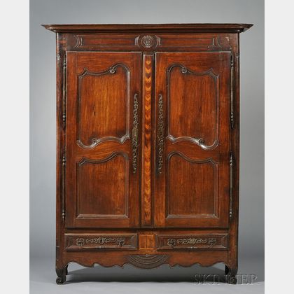 Provincial Carved and Inlaid Oak Armoire