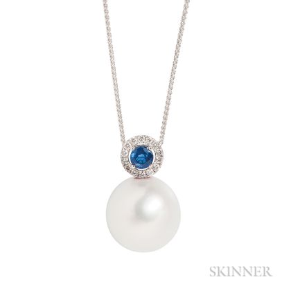 18kt Gold, South Sea Pearl, Sapphire, and Diamond Pendant Necklace