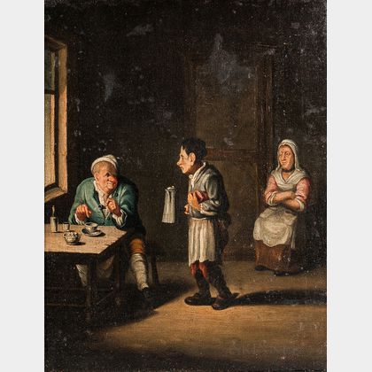 Dutch School, 17th/18th Century Tavern Interior with Man Signaling for a Refill