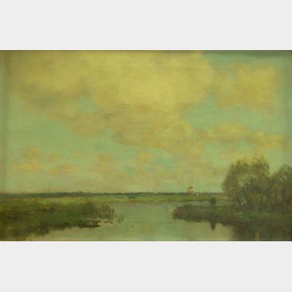 Framed Oil on Canvas Depicting a Figure on a River Bank