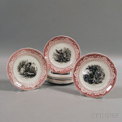 Ten Red and Black Transfer-decorated Plates