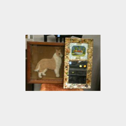 Framed Plush Work Picture of a Collie and a Memoryware Tabernacle Mirror. 