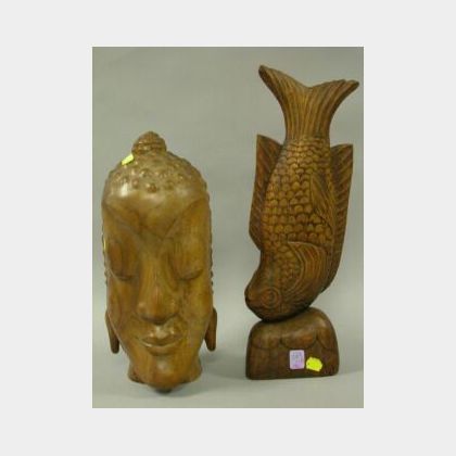 Indonesian Carved Wood Fish and Bust. 