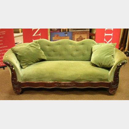 Early Victorian Mahogany and Mahogany Veneer Green Velvet Upholstered Settee. 