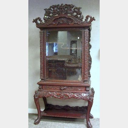 Asian Glazed Carved Hardwood Two-part Display Cabinet. 