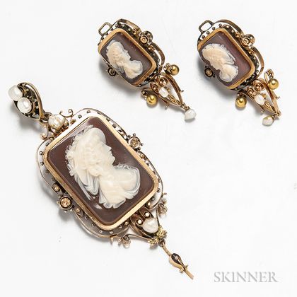 14kt Gold, Pearl, and Cameo Suite