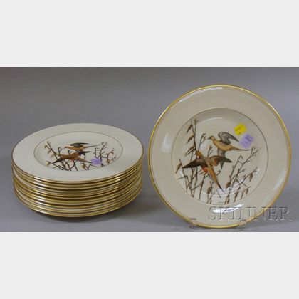 Set of Twelve Abercrombie & Fitch Co. Gilt and Hand-painted Game Bird and Water Fowl Decorated Porcelain Dinner Plates