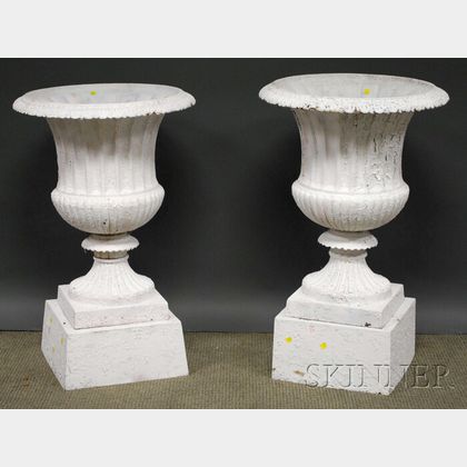 Near Pair of White-painted Late Victorian Cast Iron Campagna-form Garden Urns