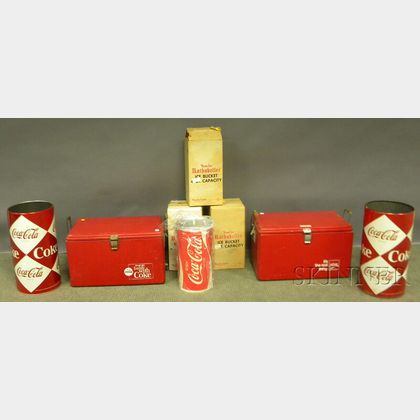 Two Coca-Cola Metal Coolers, Two Umbrella Stands, and Three Ice Buckets