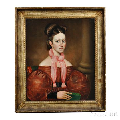 American School, 19th Century Portrait of a Woman in a Dark Red Dress Holding a Bible
