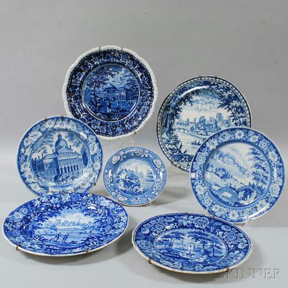 Seven Staffordshire Blue and White Transfer-decorated Plates