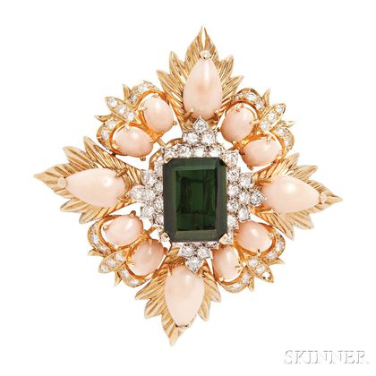 18kt Gold, Green Tourmaline, and Coral Clip Brooch, Montclair