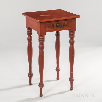 Small Red-painted Cherry and Tiger Maple One-drawer Stand