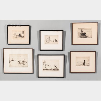 Eileen Alice Soper (British, 1905-1990) Six Framed Etchings: The Hurt Paw, Adversity, The Explorer, Flying Swings, The Mighty Atom, and