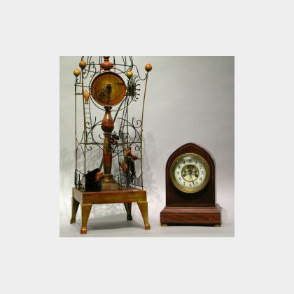 Waterbury Inlaid Mahogany Mantel Clock and a Wire Whimsey Tower Clock. 
