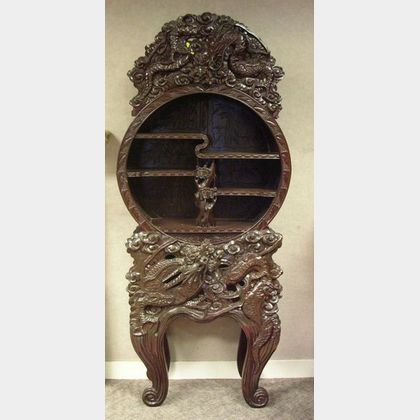 Asian Circular Carved Hardwood Display Cabinet on Stand. 