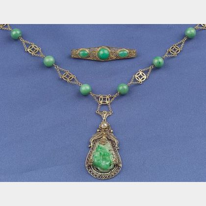 14kt Gold, Jadeite and Seed Pearl Pendant Necklace