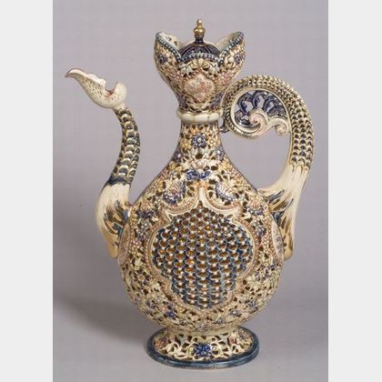 Fischer Reticulated and Parcel Gilt Earthenware Ewer